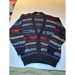 Mens Custom Designed Geometric Pattern Acrylic Button Front Cardigan L